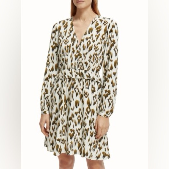 NWT! Scotch & Soda Leopard Print Long Sleeve Linen V Neck Mini Dress (size 4) - Picture 1 of 7